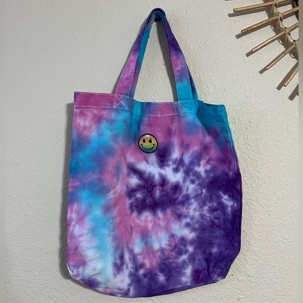 Tie-Dye Tote With Smiley Face Patch Bag